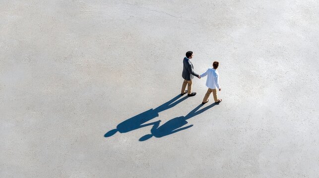 Two individuals walk hand in hand, casting long shadows on a light concrete surface, creating a serene and connected scene.