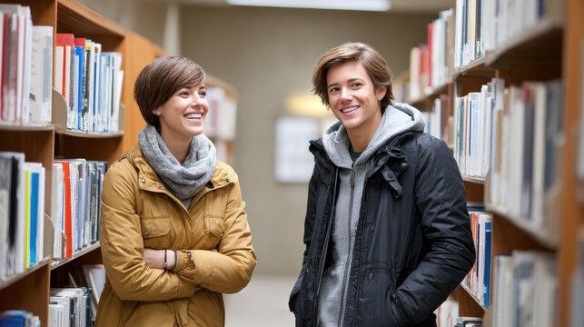 Two young adults smile and chat in a library, surrounded by shelves filled with books, conveying a sense of friendship and enjoyment in a learning environment.