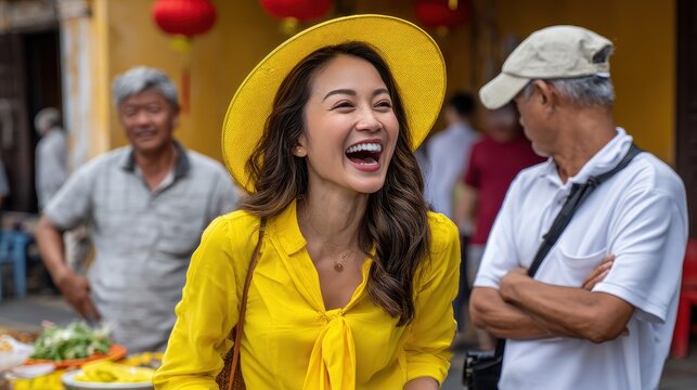 A joyful woman in a yellow hat laughs amidst a vibrant market scene, surrounded by people and colorful decorations.