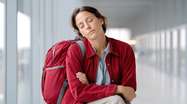 A woman with a backpack sits peacefully, eyes closed in a modern, well-lit hallway, exuding calm and relaxation amidst a busy environment.
