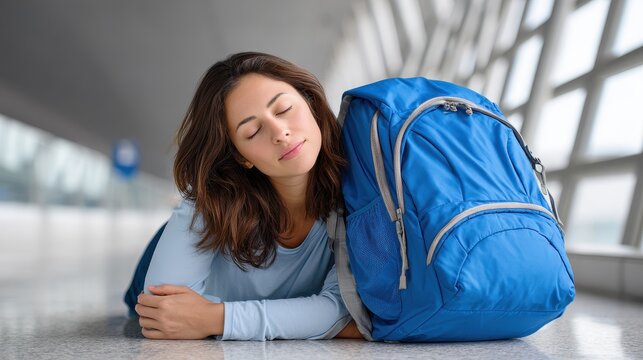 A woman is resting her head on a blue backpack in an airport, conveying a sense of exhaustion and travel fatigue amidst a modern interior.