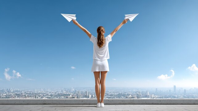 A woman stands on a rooftop, joyfully launching paper airplanes into a clear blue sky, symbolizing freedom and creativity against a city backdrop.