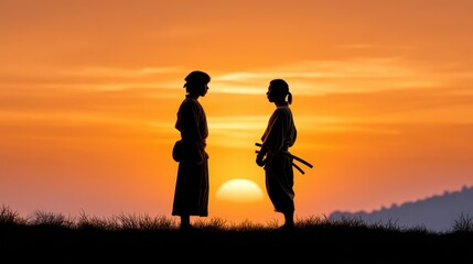 Fototapeta premium Two silhouetted figures in traditional attire face each other against a stunning sunset backdrop, suggesting a moment of contemplation or confrontation.