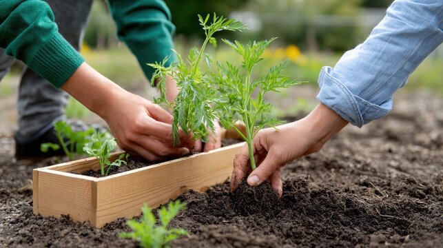 Two hands planting seedlings in a wooden box, surrounded by rich soil, showcasing a connection to nature and gardening.