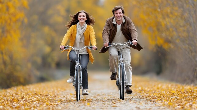 A joyful couple rides bicycles on a picturesque path surrounded by autumn foliage, capturing a moment of happiness and leisure.
