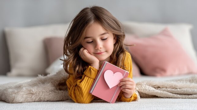 A young girl in a cozy setting holds a heart-shaped card, reflecting a warm, thoughtful moment.