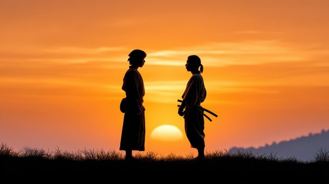 Two silhouetted figures in traditional attire face each other against a stunning sunset backdrop, suggesting a moment of contemplation or confrontation.