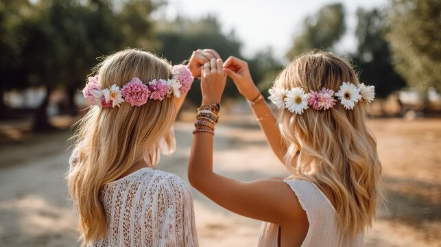 Two women wearing floral crowns connect joyfully in a sunlit outdoor setting, exuding friendship and a carefree vibe amidst nature.
