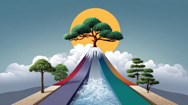 A vibrant landscape featuring a tree atop a colorful mountain, flowing water, and a bright sun against a backdrop of clouds.