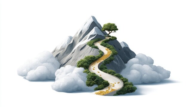 A winding path leads through lush greenery and clouds to a mountain peak, symbolizing a journey towards nature and adventure.