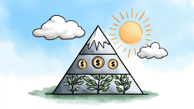 A colorful illustration of a pyramid integrating nature and finance, featuring plants, mountains, and sun, symbolizing sustainable growth and prosperity.