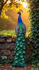 Obraz premium photograph peacock standing stone wall garden peacock facing towards right side its head turned slightly has vibrant blue body green blue feathers its tail feathers spread out fan like manner