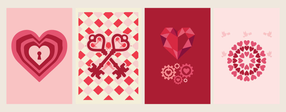 Vintage heart keys and geometric heart, romantic love and security symbol graphics, Valentine's day puzzle and connection vector, abstract ruby heart and keyhole design, symbolic passion and unlocking
