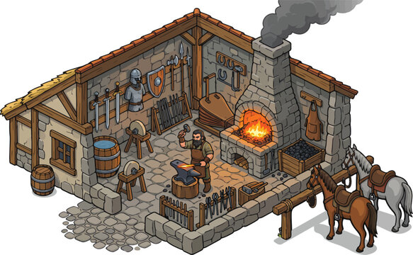 Medieval blacksmith workshop vector illustration, isometric fantasy forge with smith character, ancient armory with swords and horses for game design