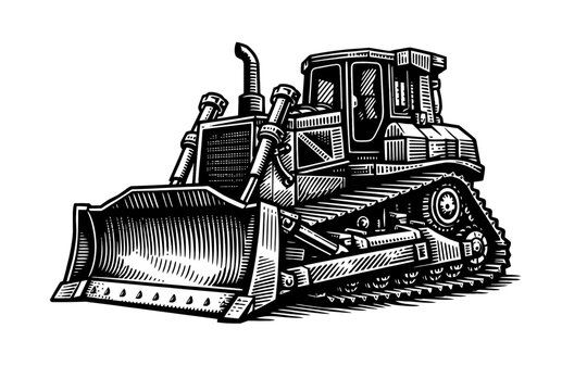 Dynamic black and white woodcut illustration of a powerful heavy-duty bulldozer, essential earthmoving construction equipment featuring a robust front blade and rugged crawler tracks, ideal for demoli