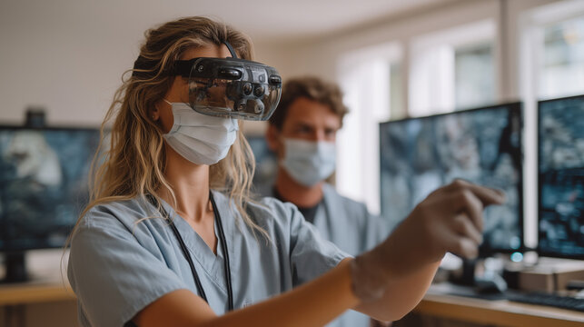 Simulation lab haptic trainer: medical student wearing sensor gloves performs virtual appendectomy, instructor observes monitors beside them, surgical education, procedural training assessment, medi