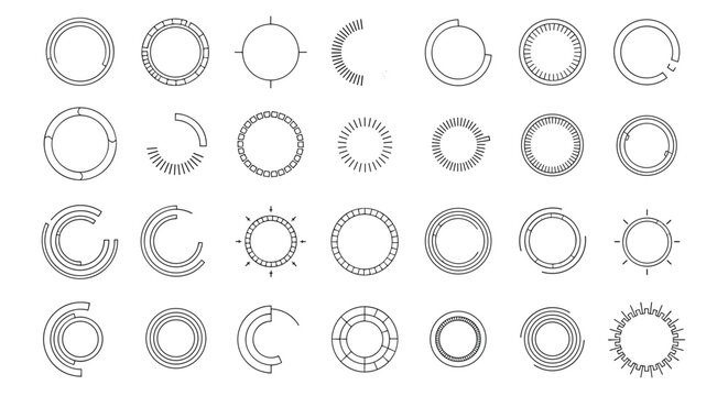 Collection of various circular technological interface elements and digital loading icons in black and white line style.