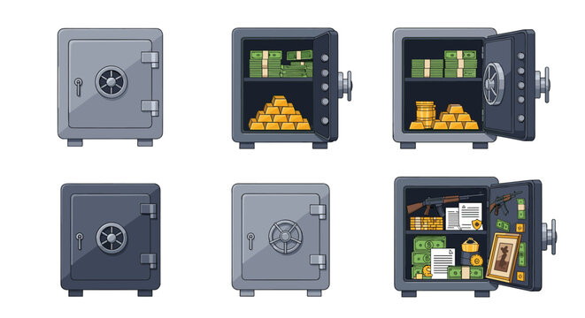 Set of six various bank vault safe designs including closed and open versions filled with money gold and weapons.
