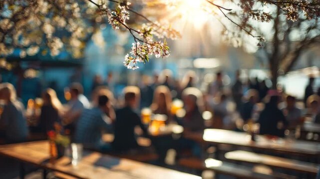 people in beer garden on a sunny day in spring blurry background animation