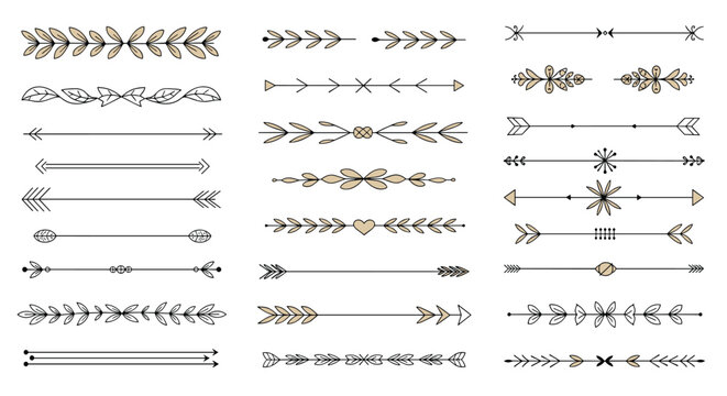 Collection of elegant decorative dividers featuring botanical leaves, arrows, and geometric line art elements.