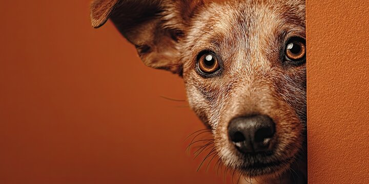 A dog peeks out cautiously from around the corner of a solid-color background with space for text. Close-up.