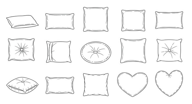 Collection of various pillow and cushion shapes in simple black and white line art for interior design icons.