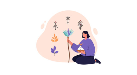 Obraz premium Woman kneeling while performing spiritual ritual with symbolic plants and alchemy signs. EPS Editable. Vector Illustrations.