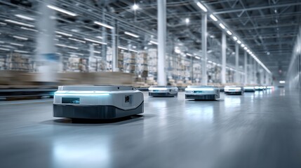 Obraz premium Autonomous mobile robots navigating a vast warehouse, automated logistics, smart distribution, efficient supply chain, and futuristic fulfillment center.