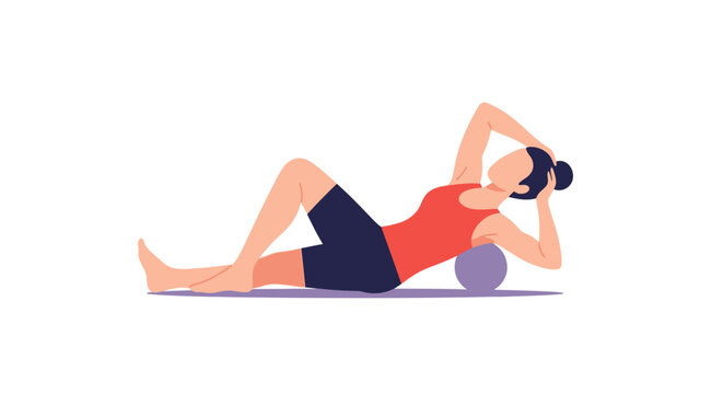 Woman performing back massage using a myofascial release ball. EPS Editable. Vector Illustrations.