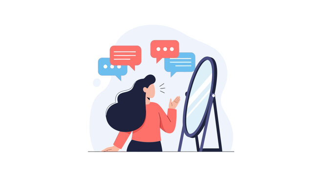 Woman talking to herself in the mirror with speech bubbles. EPS Editable. Vector Illustrations.