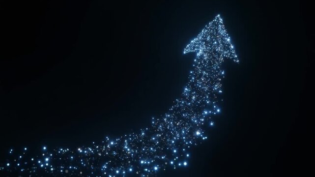 cinematic seamless loop of glowing particles forming upward arrow shape in minimal dark background,