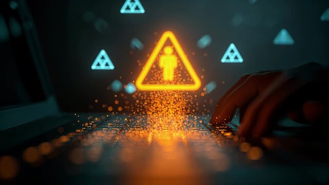 A person is typing on a keyboard with a warning sign in the background. Concept of urgency and caution, as the person is likely working on something important or potentially dangerous