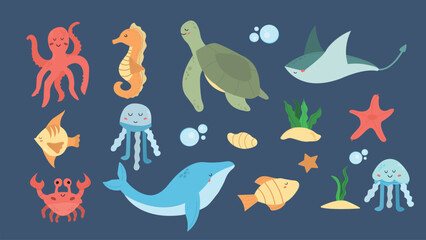 Cute sea animals vector collection with whale, octopus, turtle and jellyfish in cartoon style © Anton