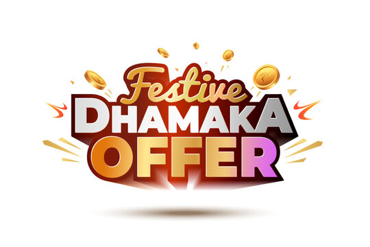 3d Vector illustration Logo unit for a Festive Dhamaka Offer with gold coins. Sale promotion concept design.