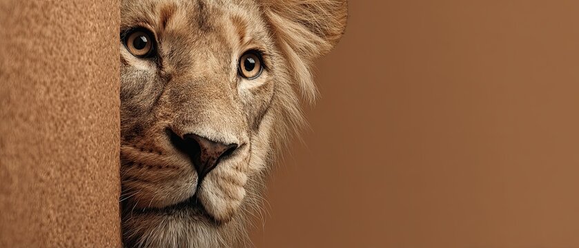 A lion peeks out cautiously from around the corner of a colored, plain background with space for text. Close-up.