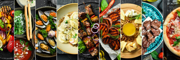 Obraz premium Food and drinks on a black stone table. Photo collage, photo banner.