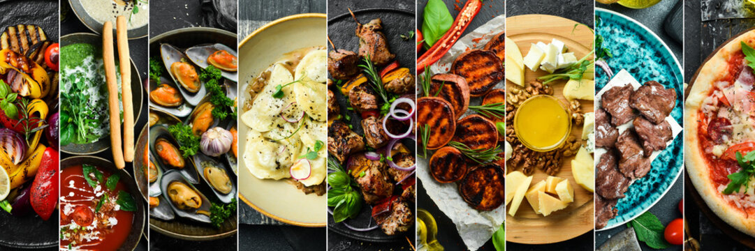 Food and drinks on a black stone table. Photo collage, photo banner.
