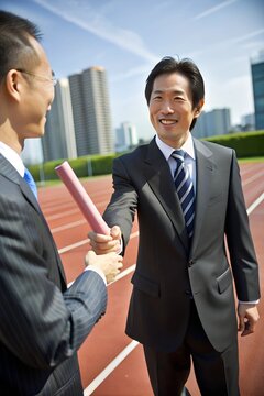 Businessmen Exchanging Relay Baton in Office 