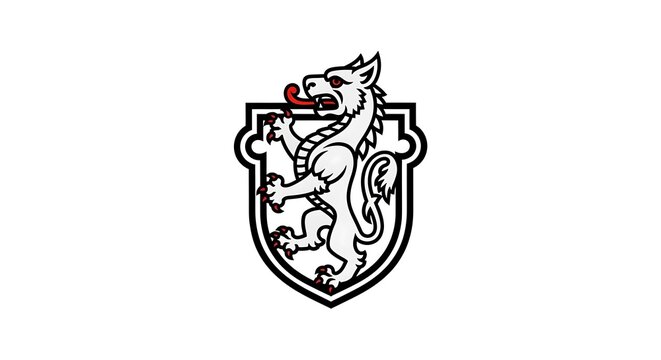 A white wolf with red eyes and tongue on a shield emblem design
