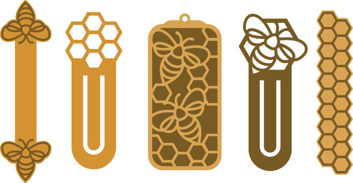 Set of 5 bookmarks with bees and honeycomb. Laser cut template. Decorative bookmark stencil for cutting