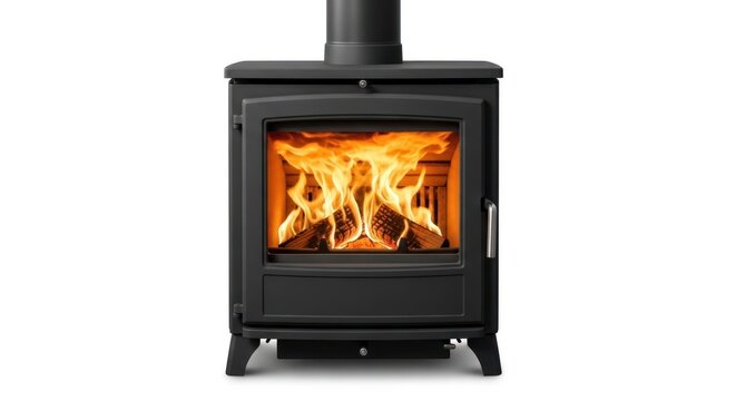 A black, front-facing wood-burning stove with a roaring fire inside
