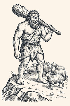 Vintage vector engraving of a mythical one-eyed cyclops giant holding a large wooden club, standing on a rocky cliff guarding his flock of sheep.