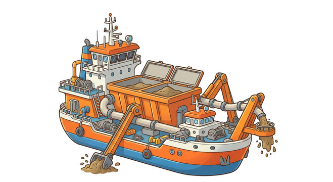 Isometric illustration of a sand dredging vessel for maritime construction, Generative AI
海洋建設用サンドドレッジャー（浚渫船）のアイソメトリックイラスト、AI生成画像