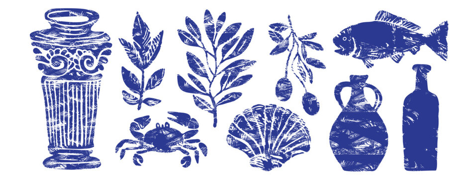 Blue Mediterranean set in linocut style. Featuring fish, crab, seashell, amphora, and olive branch. Hand-drawn rustic stamp elements for summer travel, seafood menu, or coastal decor