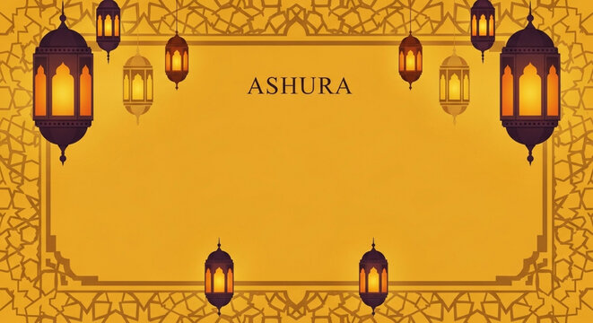 Ashura commemoration golden islamic lanterns and ornate border for religious observance