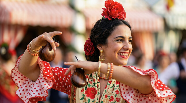 Smiling flamenco dancer with castanets at Seville April Fair daytime