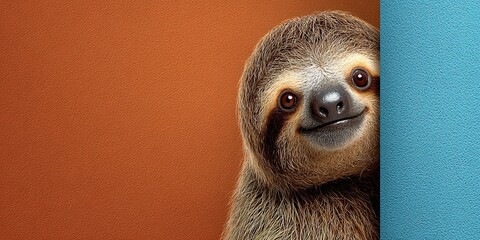 Fototapeta premium A sloth peeks out cautiously from around the corner of a colored, plain background with space for text. Close-up