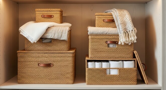 Stacked Woven Rattan Storage Baskets with Leather Handles and Lids Containing Household Items