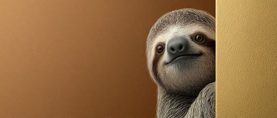 Fototapeta premium A sloth peeks out cautiously from around the corner of a colored, plain background with space for text. Close-up
