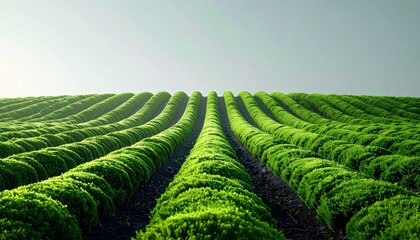 Fototapeta premium Agricultural Field Rows With Green Crops Against Bright Sky Background